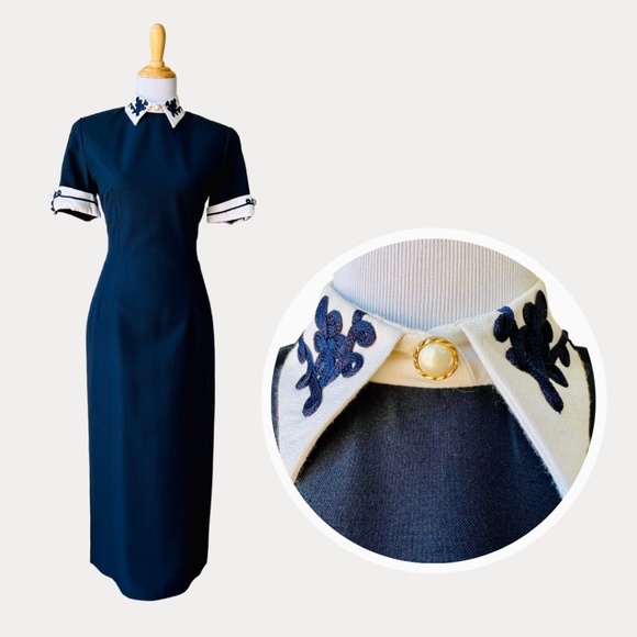Misty Lane Dresses & Skirts - Vintage MISTY LANE Union Made ILGWU Tag Navy Blue High Collar Maxi Dress - 8